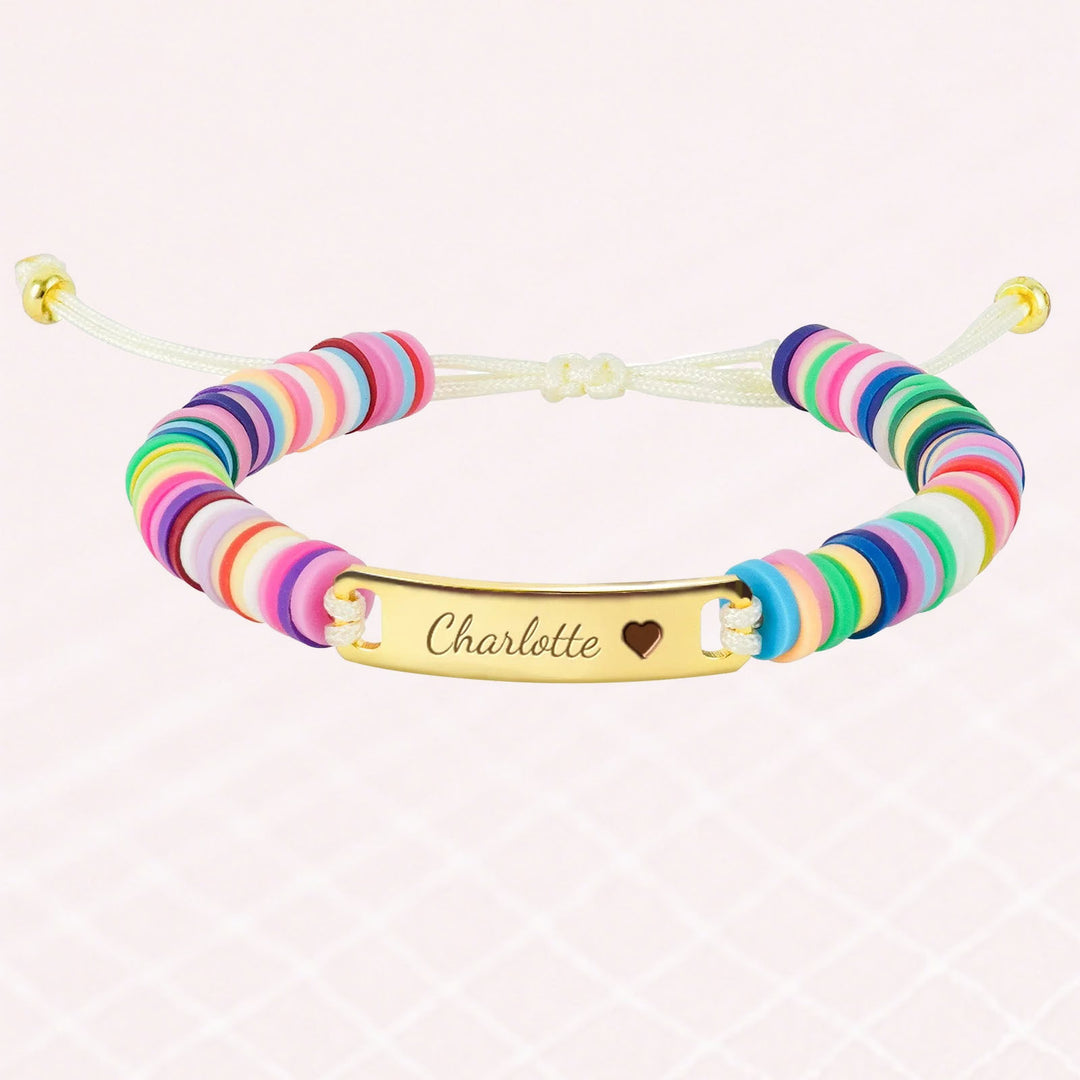 Personalized Baby Girl Name Bracelet with Rainbow Clay Beads – Adjustable Sterling Silver Charm