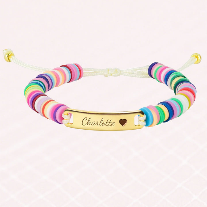 Personalized Baby Girl Name Bracelet with Rainbow Clay Beads – Adjustable Sterling Silver Charm