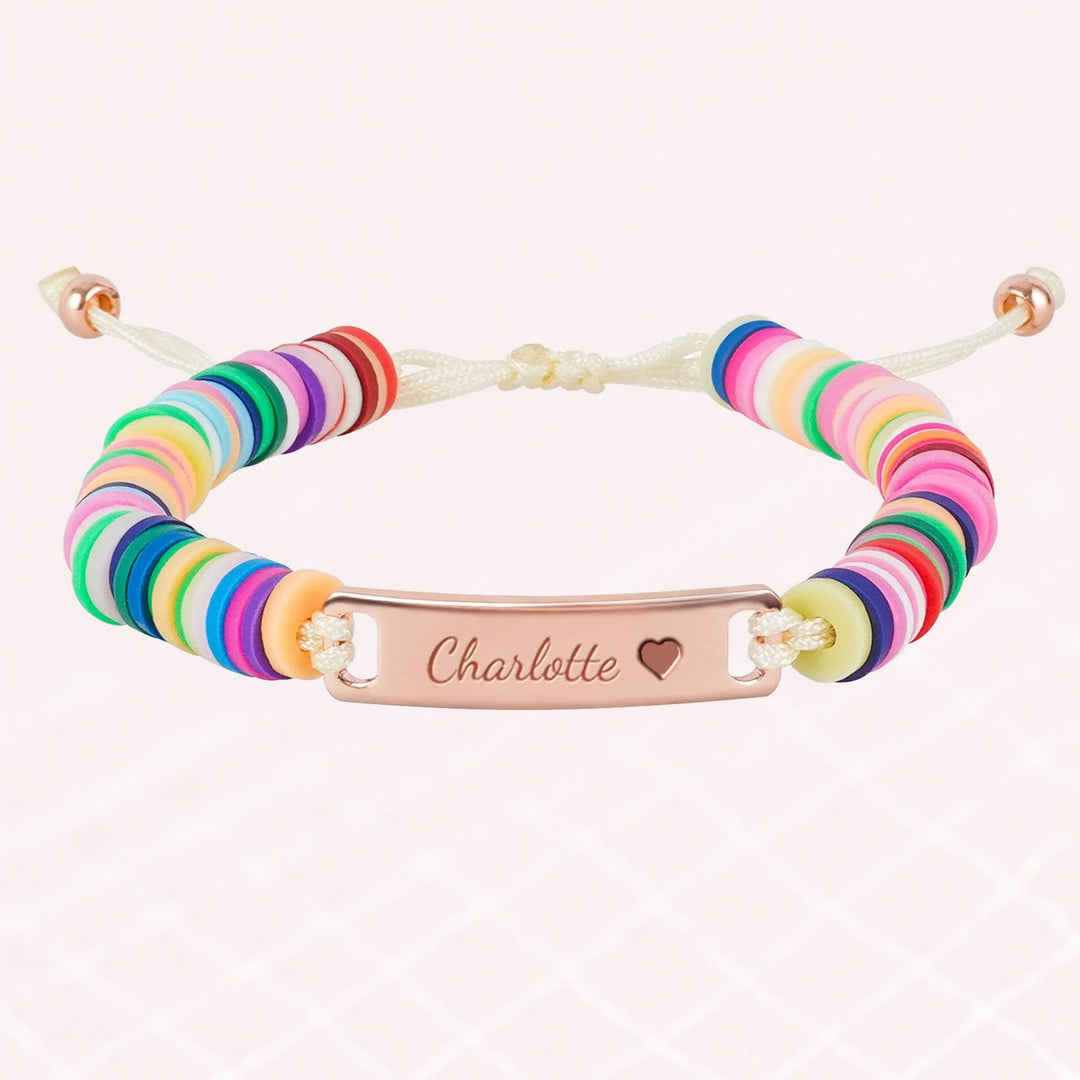 Personalized Baby Girl Name Bracelet with Rainbow Clay Beads – Adjustable Sterling Silver Charm