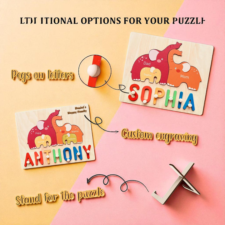 Personalized Wooden Baby Name Puzzle with Family Elephants – Customizable Montessori Toy