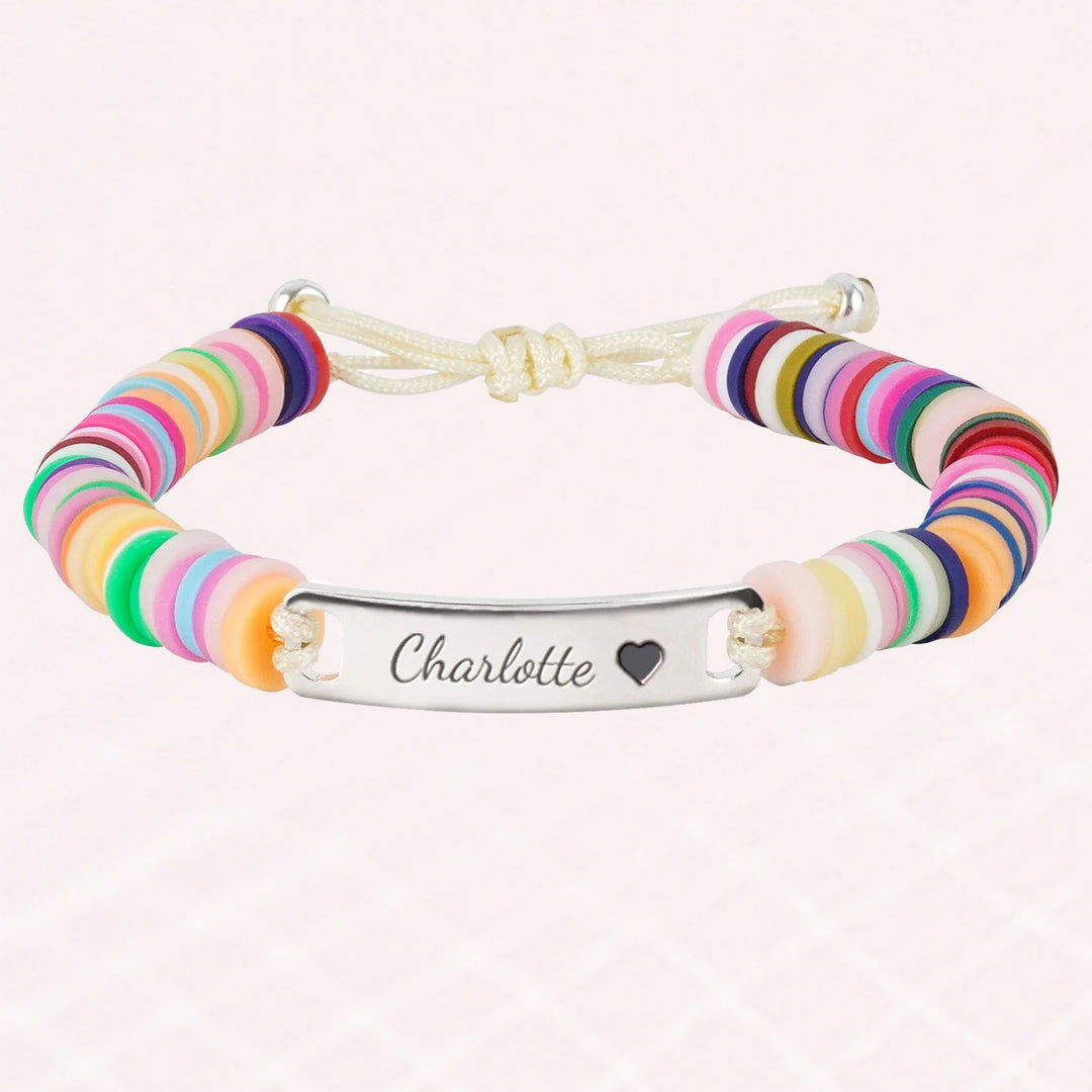 Personalized Baby Girl Name Bracelet with Rainbow Clay Beads – Adjustable Sterling Silver Charm