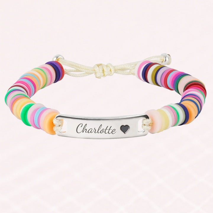 Personalized Baby Girl Name Bracelet with Rainbow Clay Beads – Adjustable Sterling Silver Charm