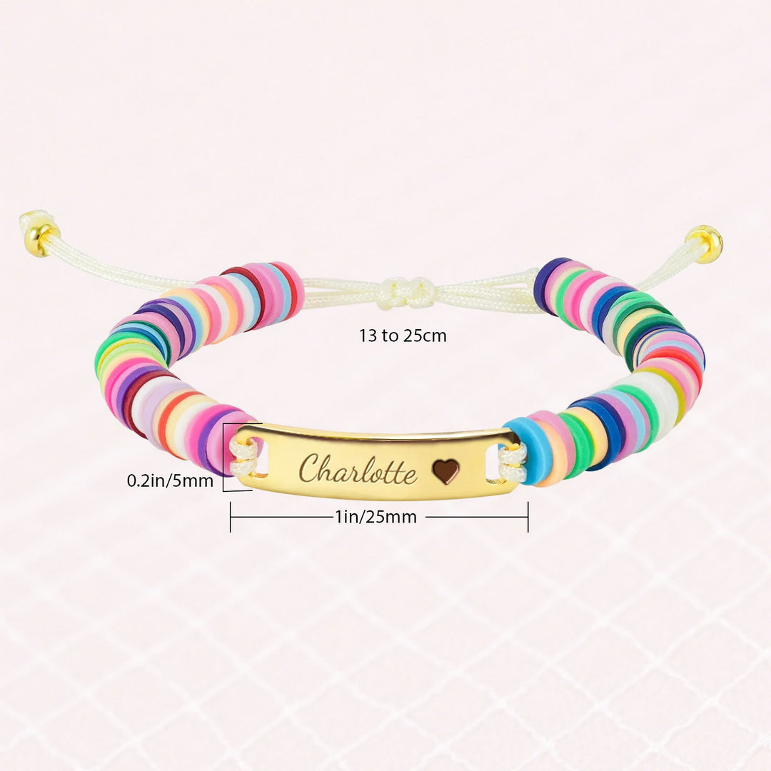 Personalized Baby Girl Name Bracelet with Rainbow Clay Beads – Adjustable Sterling Silver Charm