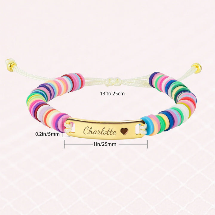 Personalized Baby Girl Name Bracelet with Rainbow Clay Beads – Adjustable Sterling Silver Charm