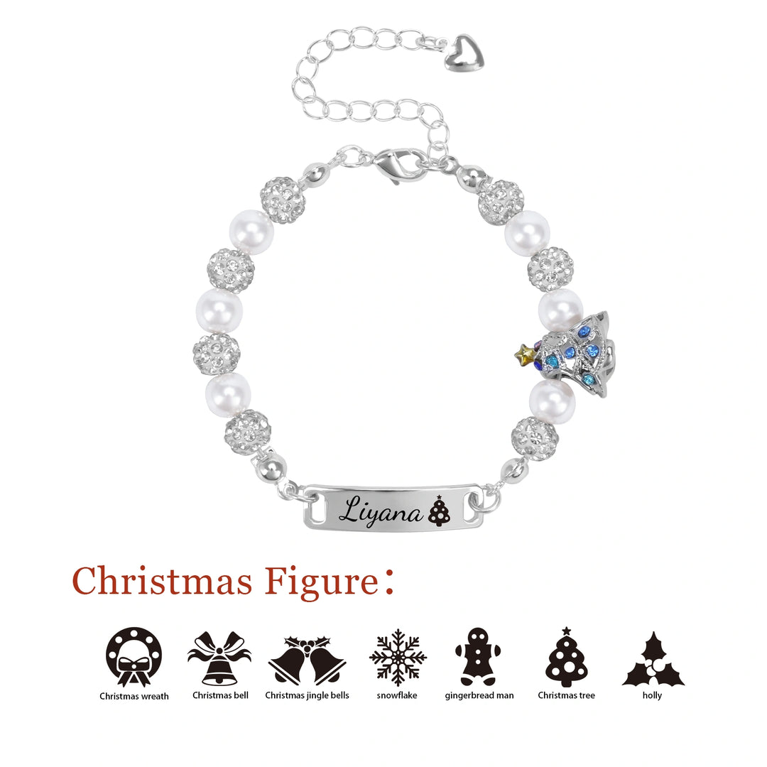 Personalized Christmas Tree Bracelet with Name – Adjustable Pearl & Diamond Holiday Jewelry Gift