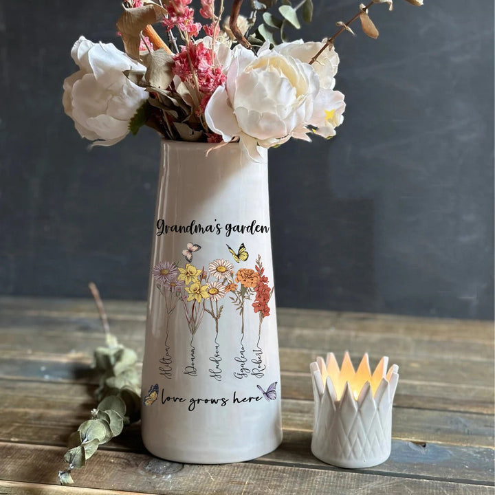 Personalized Grandma's Garden Vase With Grandchildren Birth Month Flower