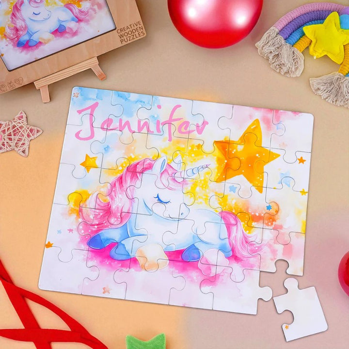 Personalized Sleeping Unicorn Name Puzzle – Custom Wooden Puzzle for Girls
