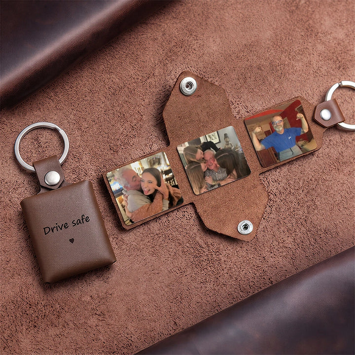 Personalized Leather Photo Album Keychain – Custom Engraved Picture Keyring for Dad & Him