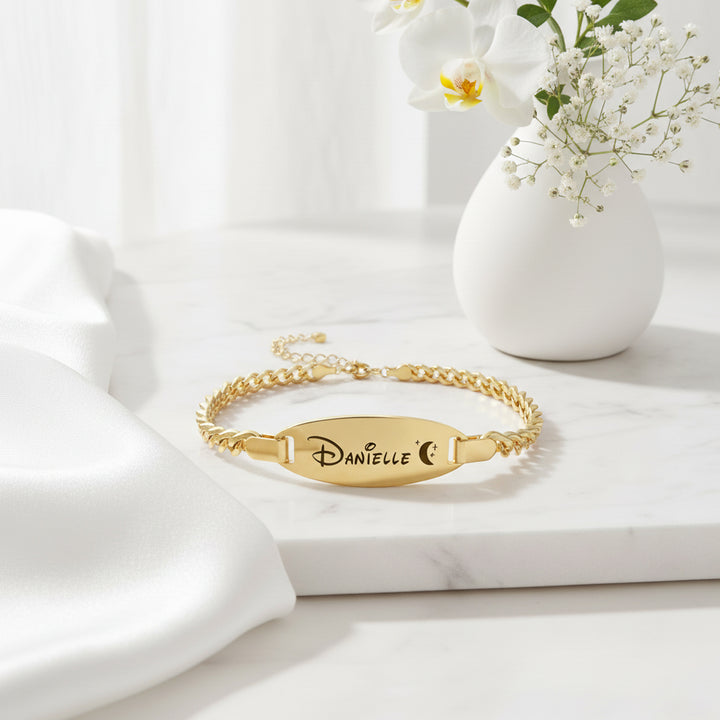 Personalized Oval Name Bracelet – Engravable Baby Keepsake with Birthstone