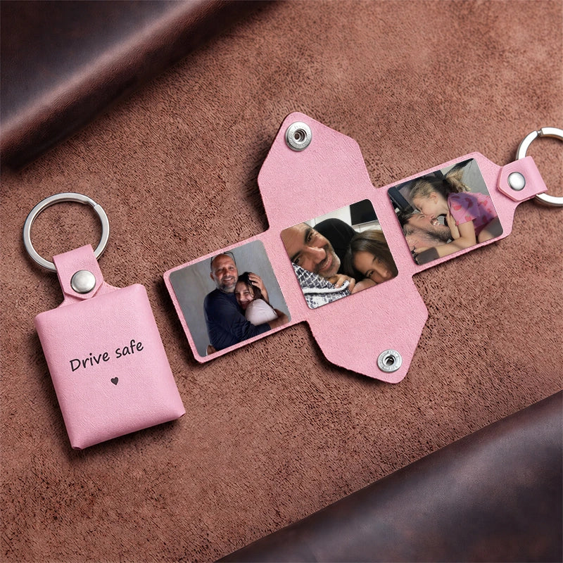 Personalized Leather Photo Album Keychain – Custom Engraved Picture Keyring for Dad & Him