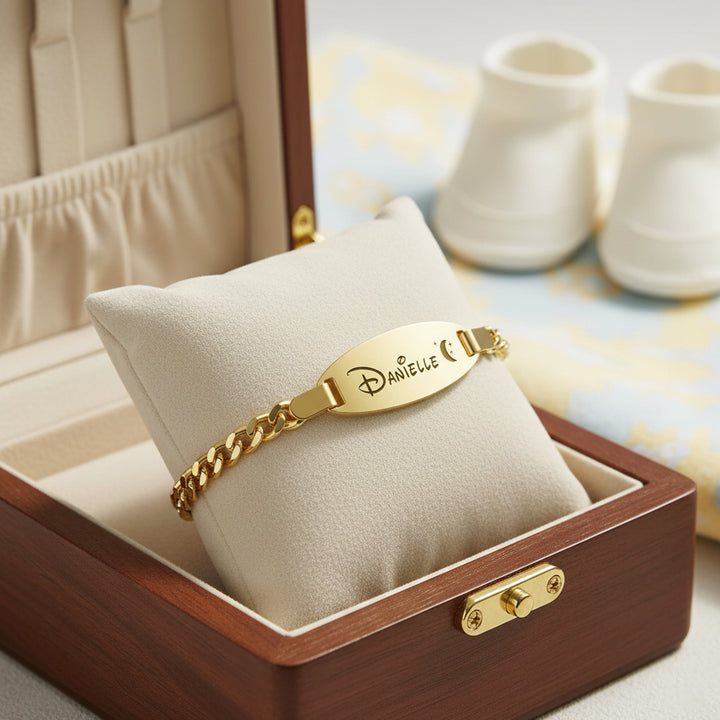 Personalized Oval Name Bracelet – Engravable Baby Keepsake with Birthstone