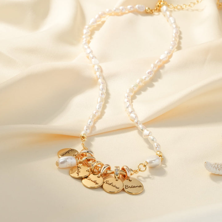 Personalized Family Name Natural Freshwater Baroque Pearl Disc Pendant Necklace