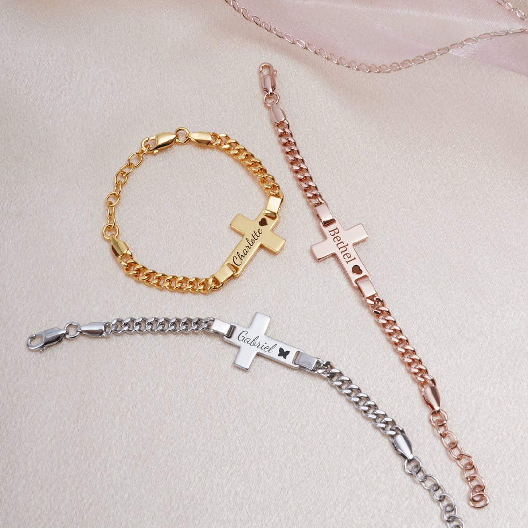 Personalized Children's Cross Name Bracelet – Sterling Silver with Gold Plating