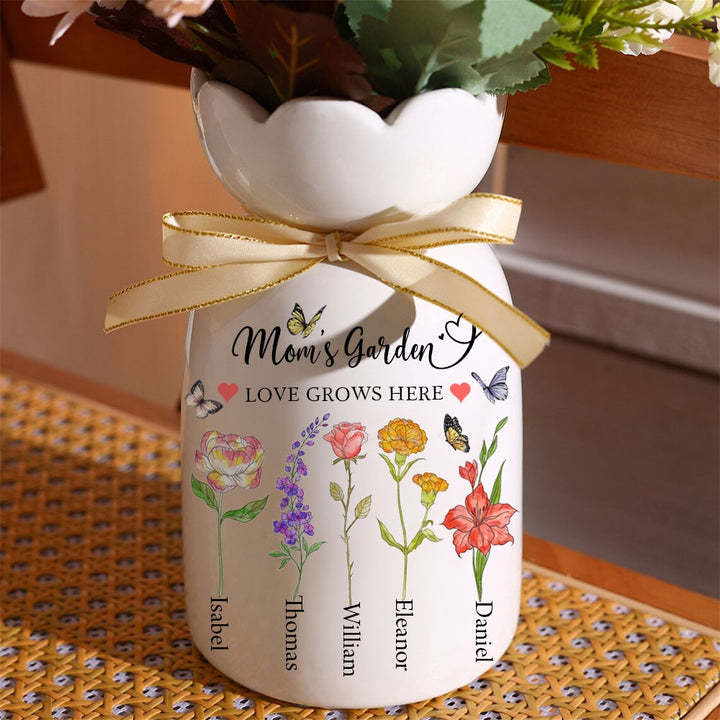 Personalized Mom's Garden Vase With Kids Birth Month Flower and Name