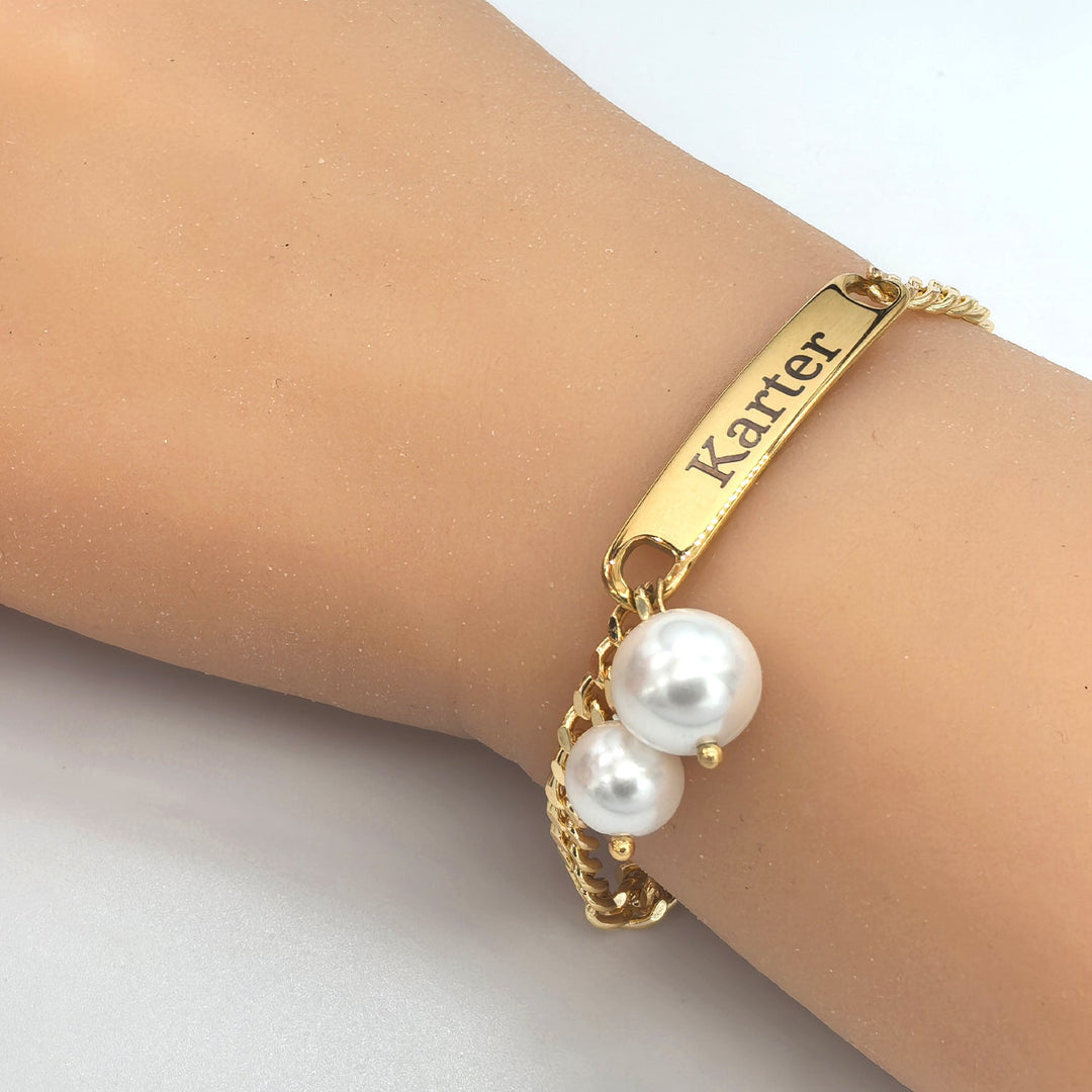 Personalized Name Children‘s Bracelet with Two Pearl Charms