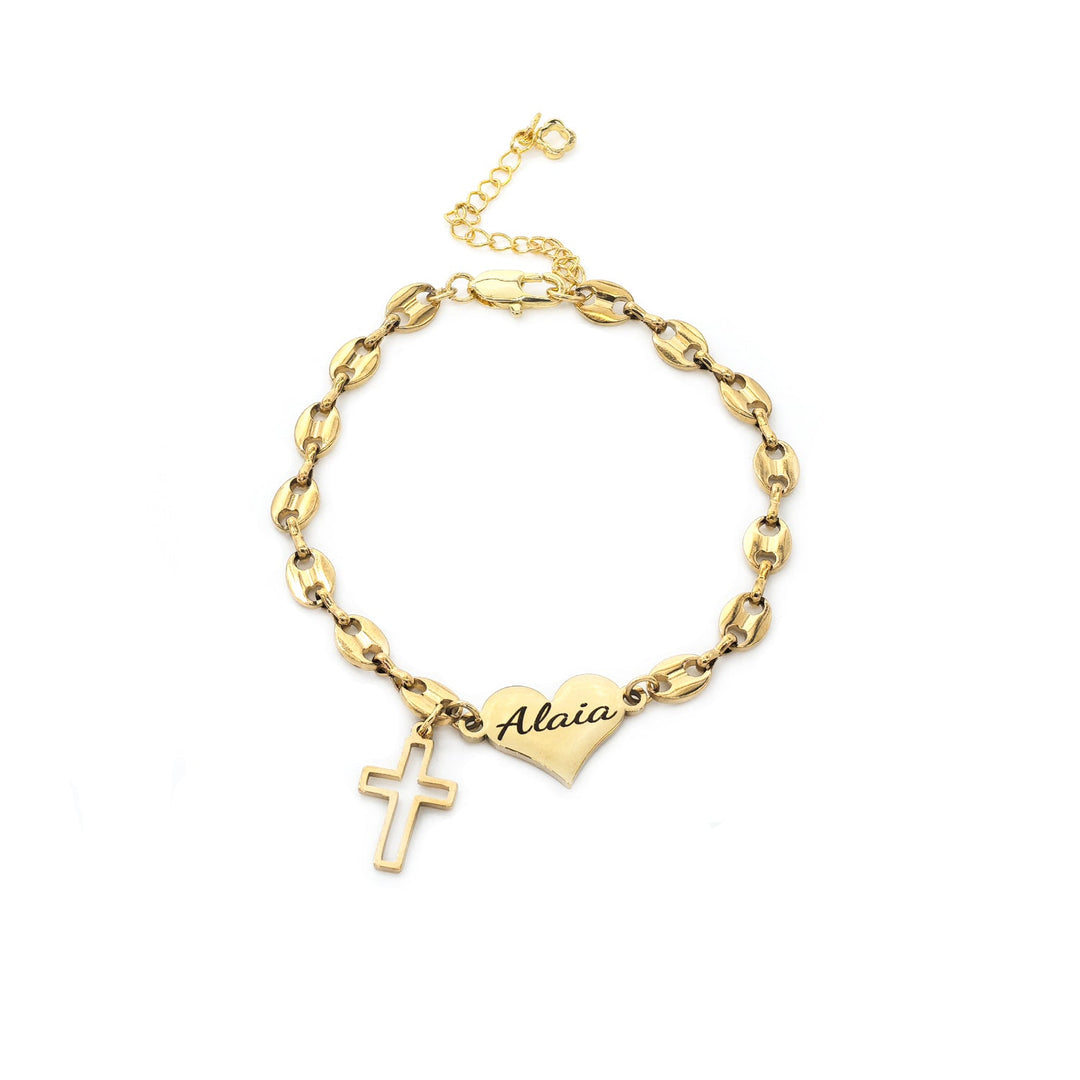Engravable Pig Nose Chain Name Bracelet with Heart & Cross Charm – ASTM-Safe Girls Gift