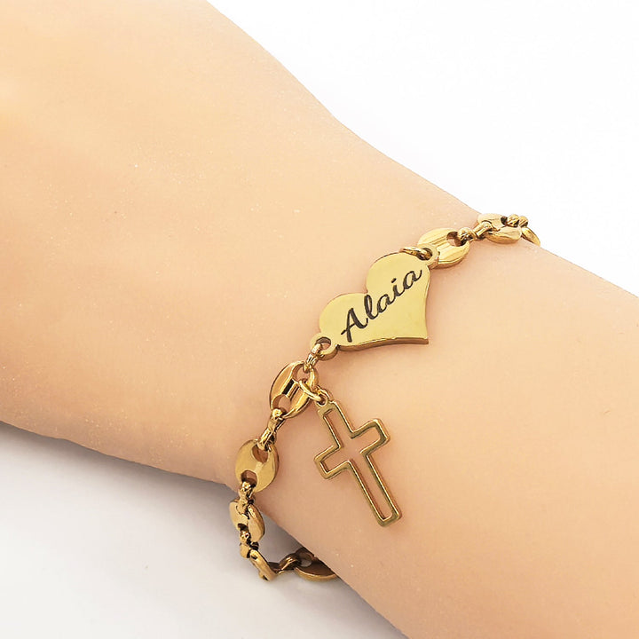 Engravable Pig Nose Chain Name Bracelet with Heart & Cross Charm – ASTM-Safe Girls Gift
