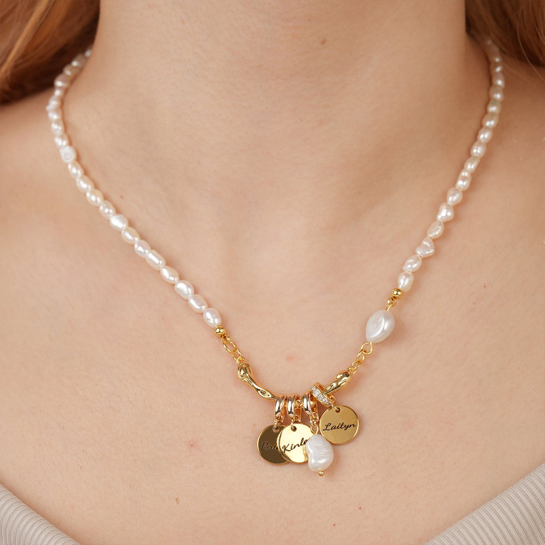 Personalized Family Name Natural Freshwater Baroque Pearl Disc Pendant Necklace
