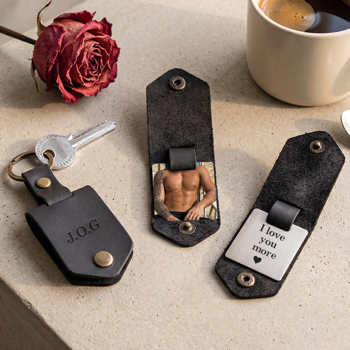 Chaveiro de couro personalizado com foto para homens | Chaveiro personalizado com foto para presentear ele | Chaveiro de couro gravado para namorado, marido, pai