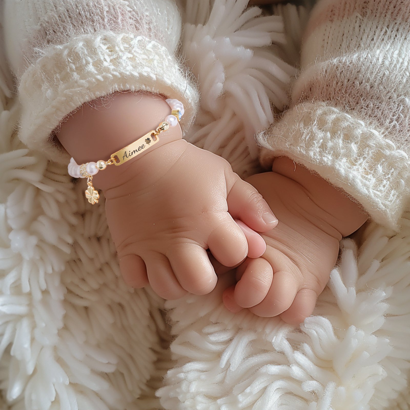 Four-leaf Clover Personalized Baby Name and Birthstone Pearl Bracelet