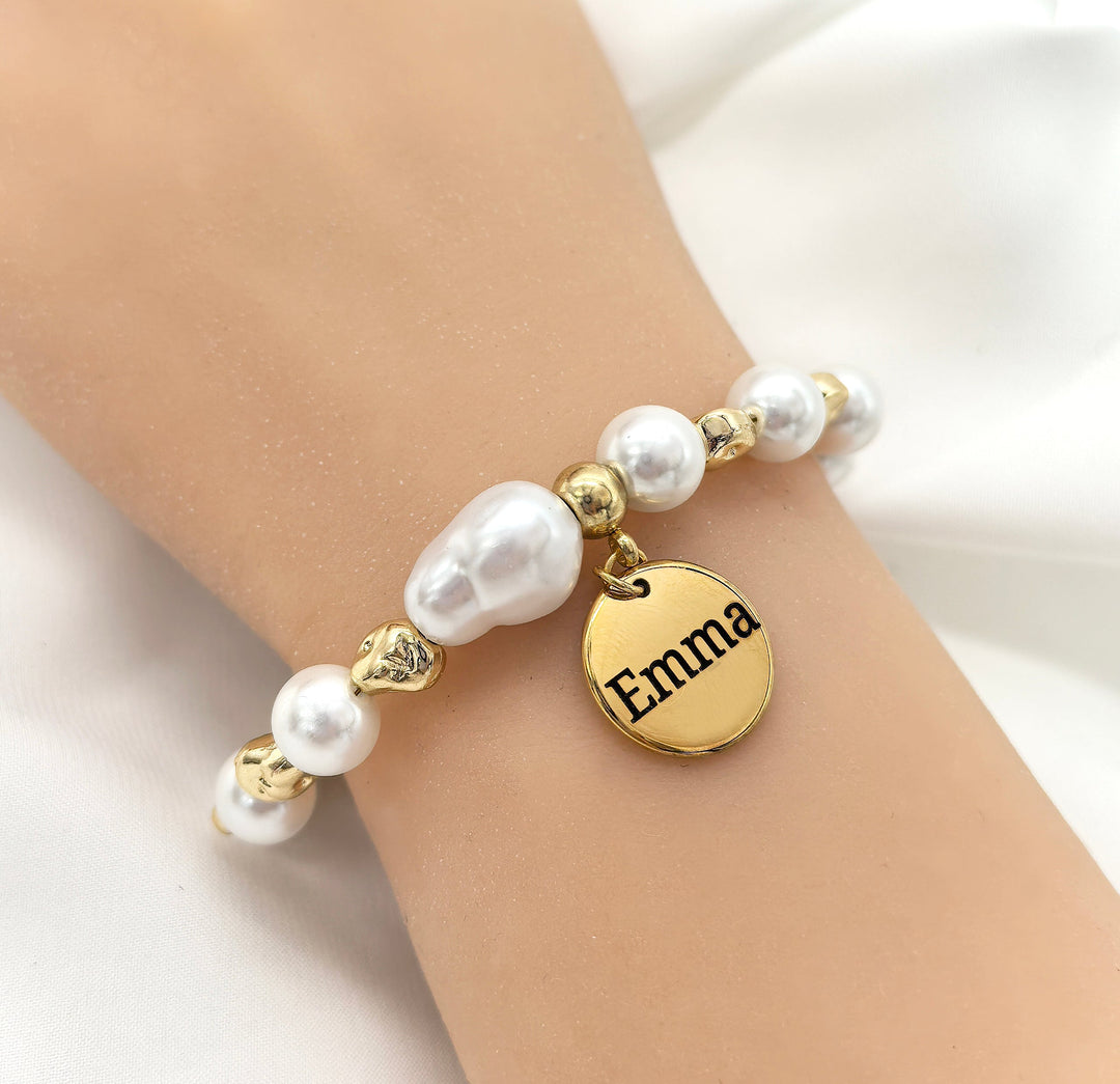 Personalized Baroque Pearl Engraved Name Disc Charm Girls Bracelet