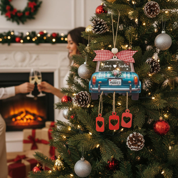 Personalized Just Married 3D Car Ornament | Custom Names & Year