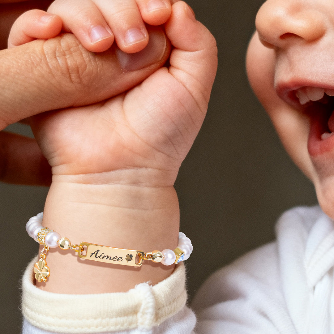 Custom Baby Name Bracelet with Pearls, Birthstone & Four-Leaf Clover Charm