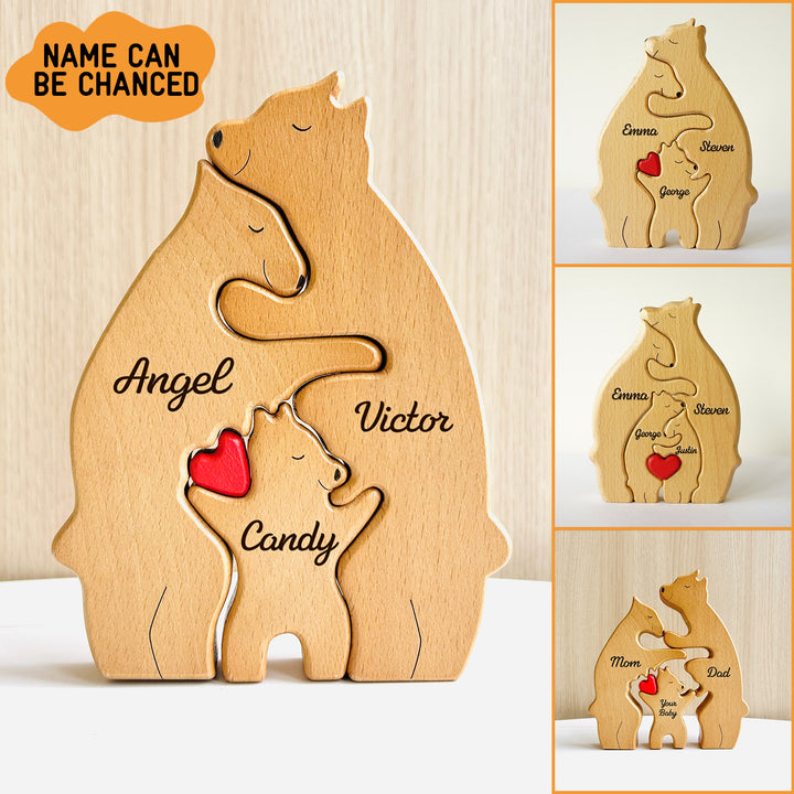 Personalized Bear Family Puzzle with 2-10 Family Name,Wooden Sculpture Decor, for Christmas/Birthday/House Warming