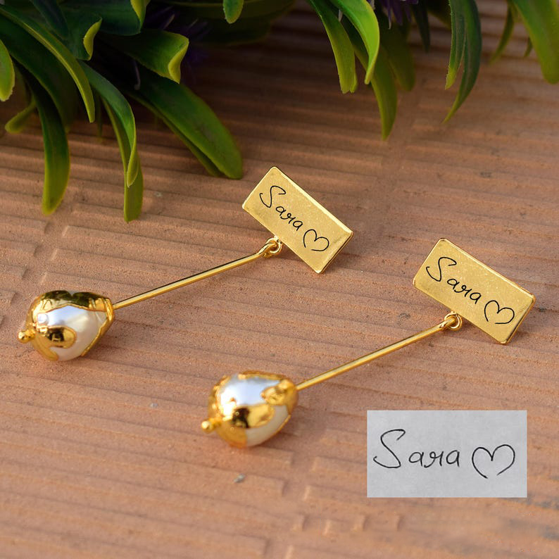 Personalized Real Handwriting Pearl Earrings Minimal Jewelry