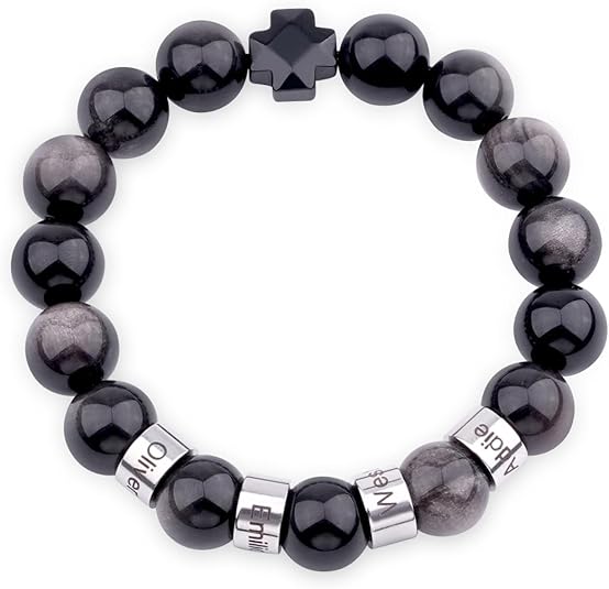 Personalized customizable name men's natural black volcanic stone beaded bracelet