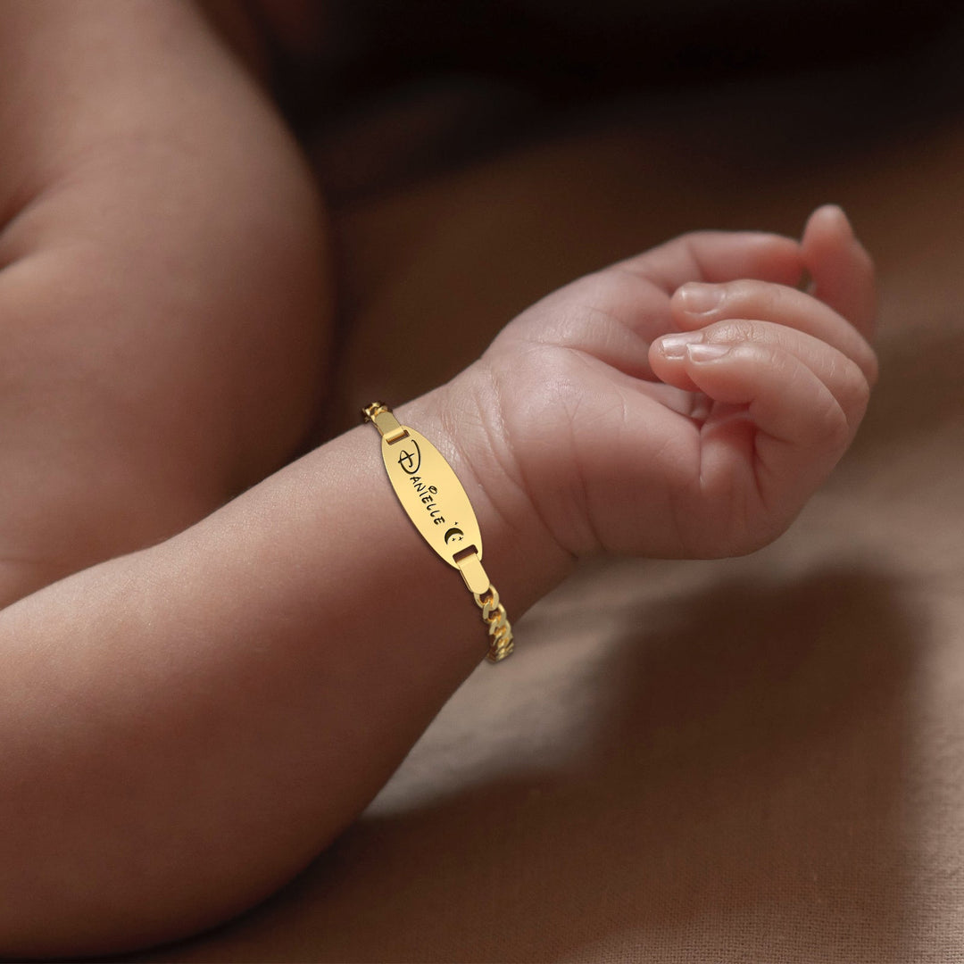Personalized Oval Name Bracelet – Engravable Baby Keepsake with Birthstone
