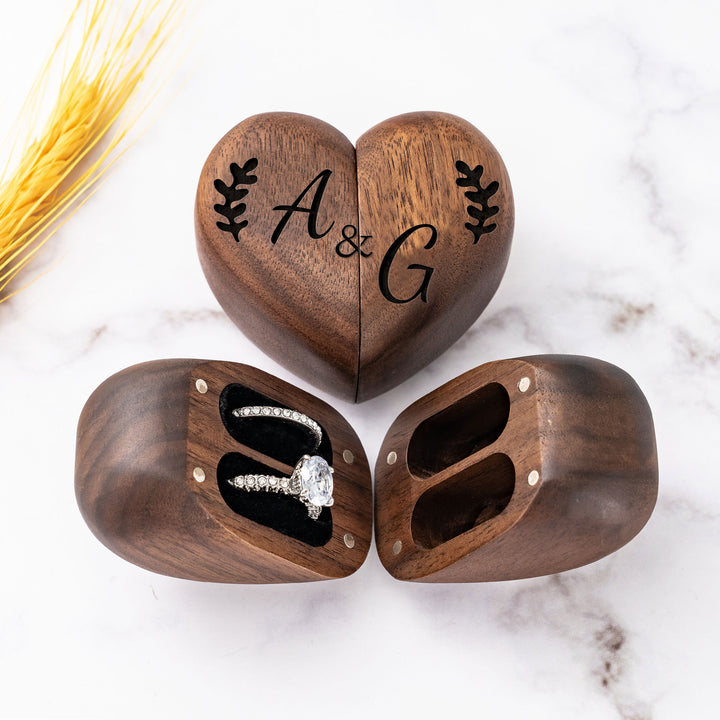 Personalized Wooden Ring Box & Gift Couples With Engraved Birth Flowers On The Back