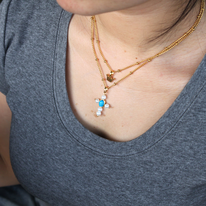 Personalized Pearl Cross Crown Name Double Necklace