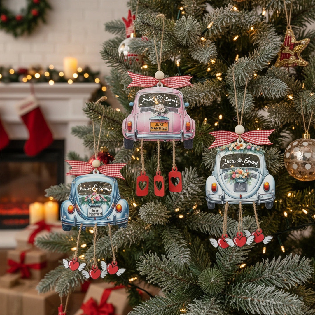 Personalized Just Married 3D Car Ornament | Custom Names & Year