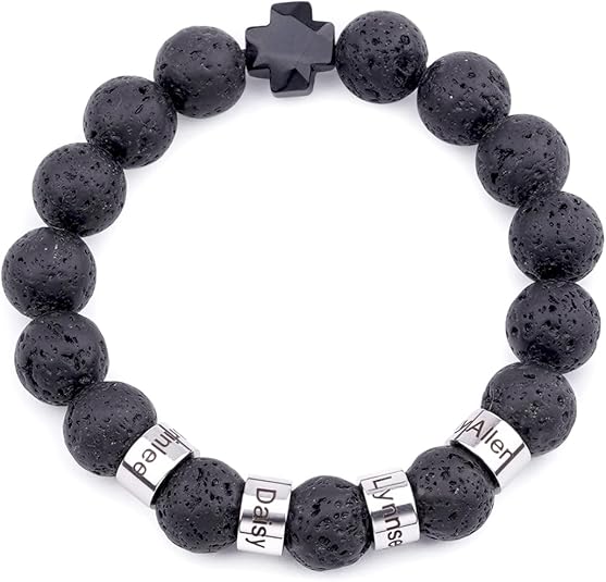 Personalized customizable name men's natural black volcanic stone beaded bracelet