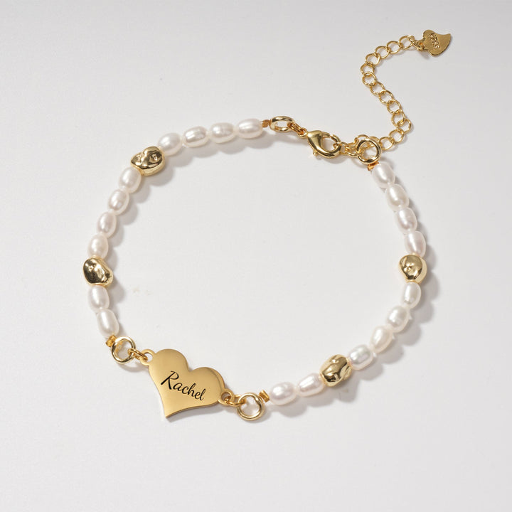 Personalized heart-shaped natural freshwater pearl bracelet with name engraved