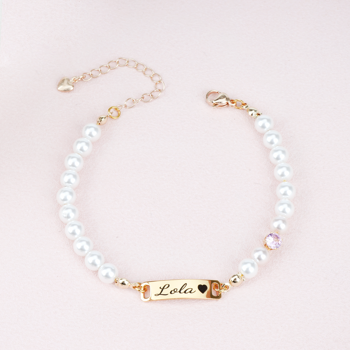 Personalized Baby Name Bracelet with Birthstone and Pearls – Custom Infant Jewelry