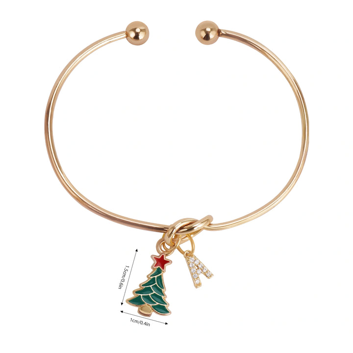 Custom Christmas Tree Bracelet with Rhinestone Letter Charm – Adjustable Holiday Jewelry Gift