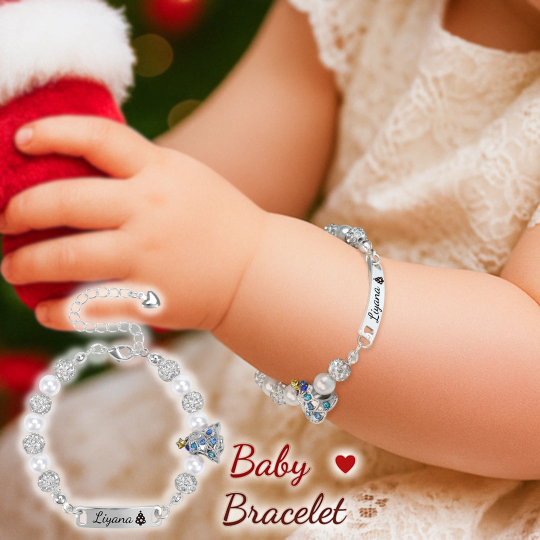 Personalized Christmas Tree Bracelet with Name – Adjustable Pearl & Diamond Holiday Jewelry Gift