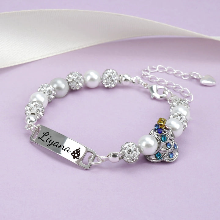 Personalized Christmas Tree Bracelet with Name – Adjustable Pearl & Diamond Holiday Jewelry Gift