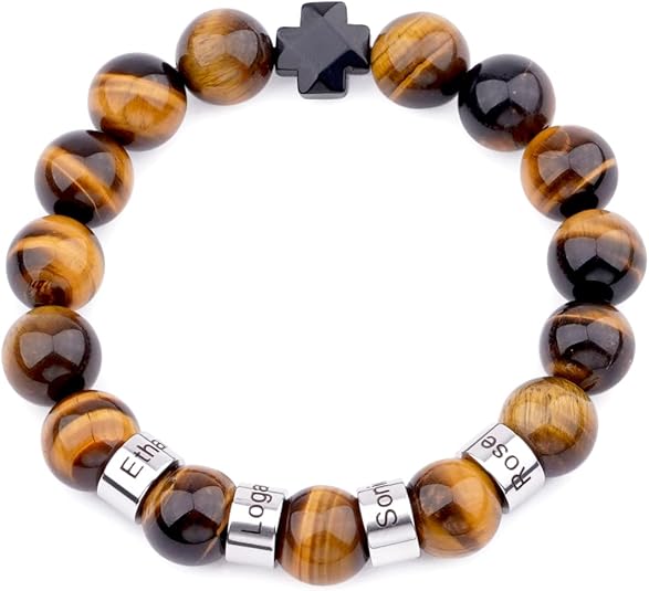 Personalized customizable name men's natural black volcanic stone beaded bracelet