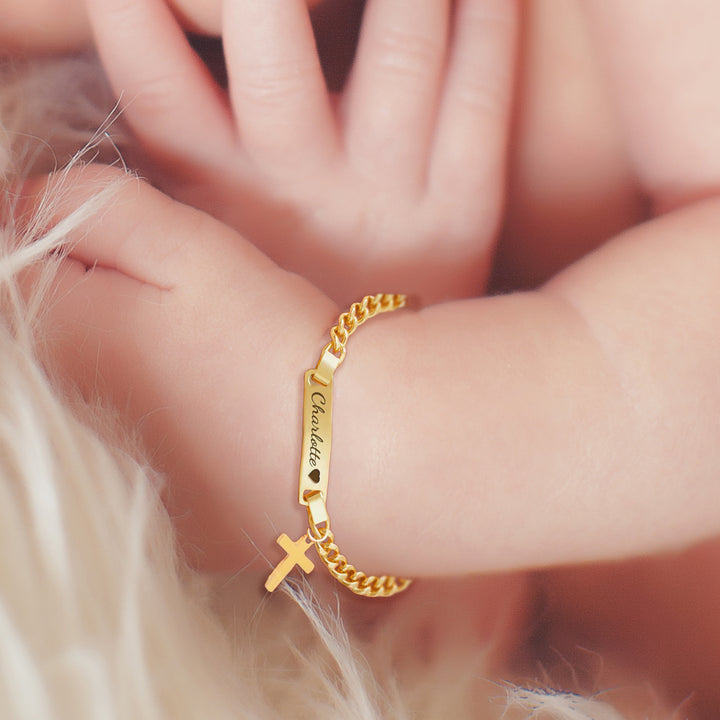 Personalized Baby Name Bracelet with Birthstone and Cross – Custom Gift for Boys & Girls