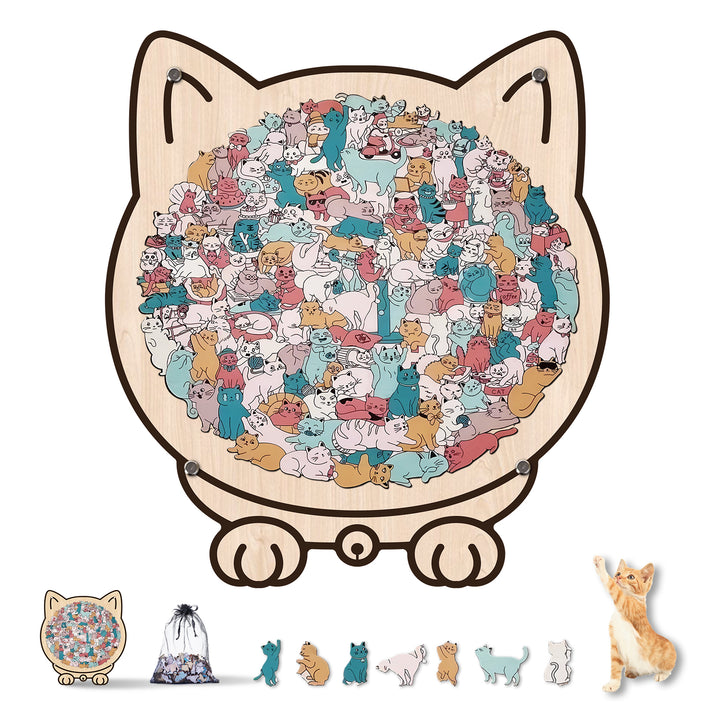 Cat-Shaped Wooden Puzzle - Unique Irregular Pieces Gift for Cat Lovers