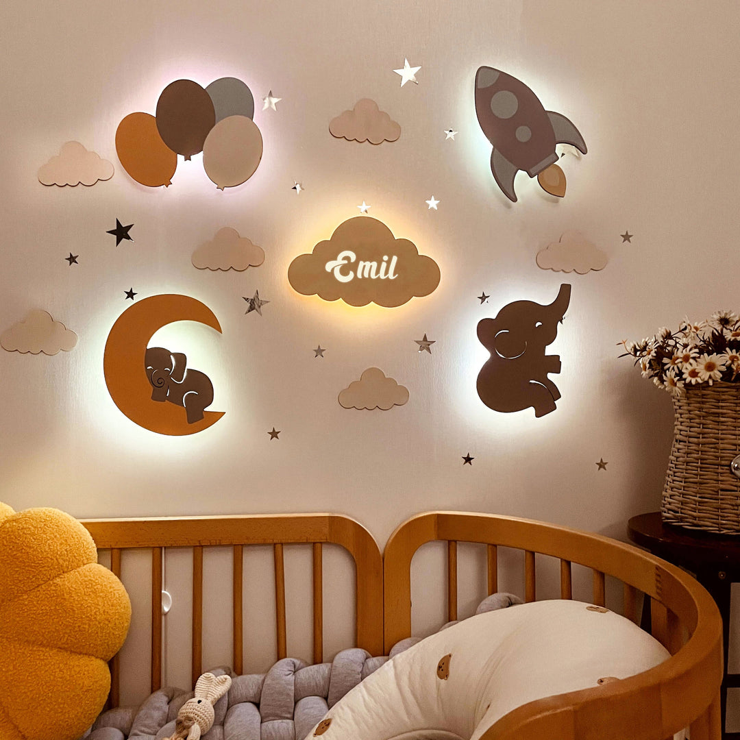 Personalized Wooden Baby's Room Wall Night Light Set