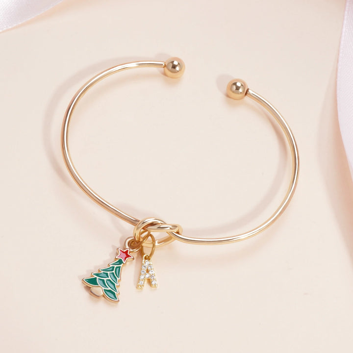 Custom Christmas Tree Bracelet with Rhinestone Letter Charm – Adjustable Holiday Jewelry Gift