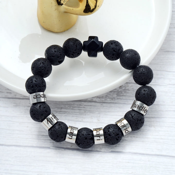 Personalized customizable name men's natural black volcanic stone beaded bracelet