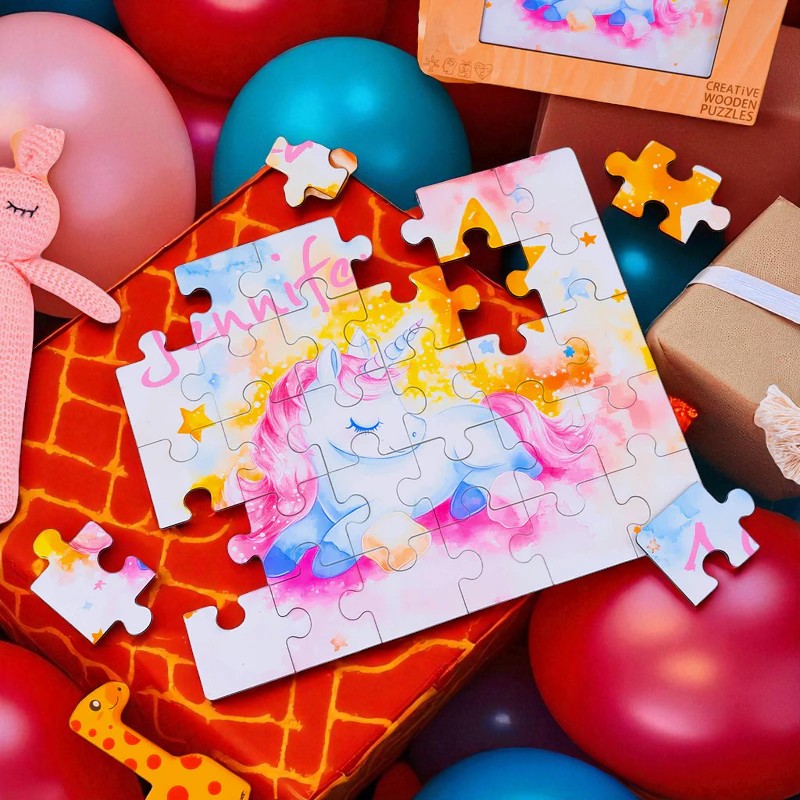 Personalized Sleeping Unicorn Name Puzzle – Custom Wooden Puzzle for Girls
