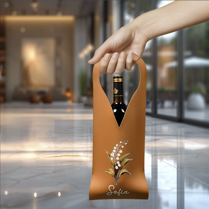 Personalized Birth Flower Leather Wine Bag for Wine Lover