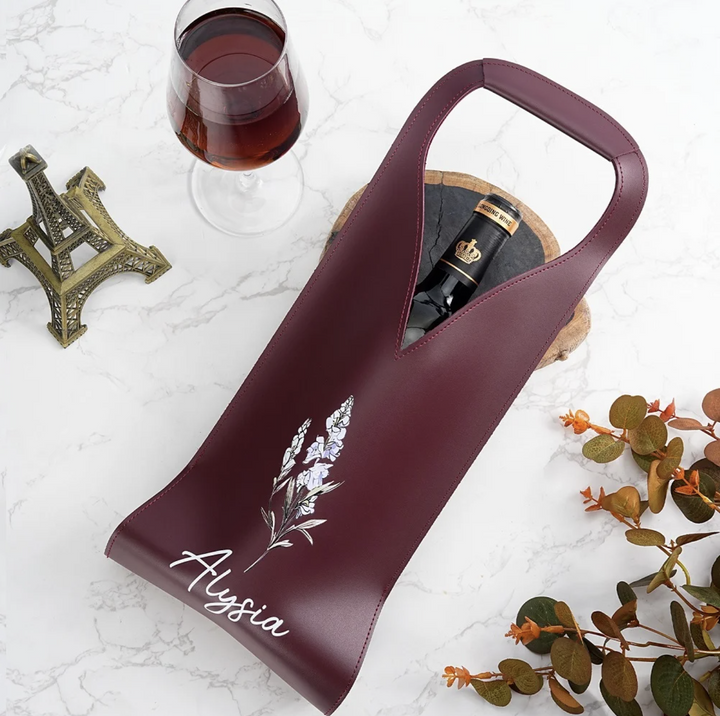 Personalized Birth Flower Leather Wine Bag for Wine Lover