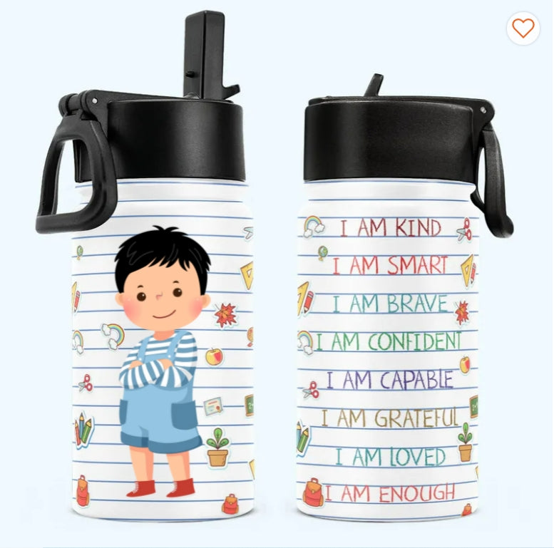 Smart Loved Brave Confident - Personalized Kids Water Bottle With Straw Lid